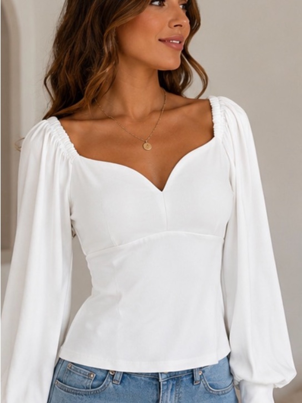Susana Monaco White Sweetheart Neck Long Sleeve Blouse